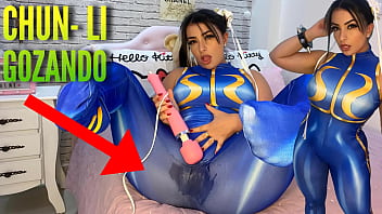 Uber-sexy costume play chick clad as Chun Li from street fighter toying with her htachi hitachi jizzing and dousing her undies and trousers ahegao